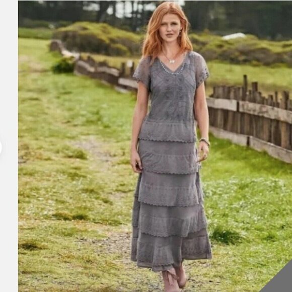 Sundance Fluttering Heart Tiered Lace Maxi Dress Sz 2 Linen Embroidered Boho - Picture 1 of 7